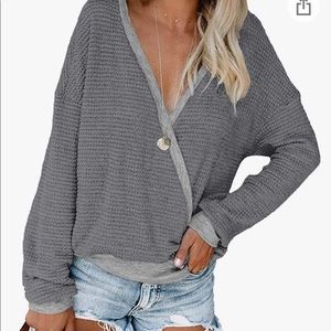 Aokosor Amazon Grey Waffle Knit Long Sleeve Wrap Shirt
